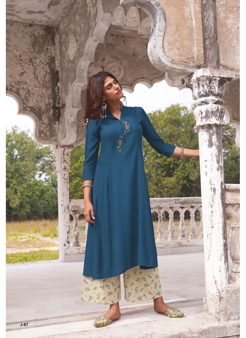 Blue Colour Jansi Modal Khadi Long Dress With Embroidery Kurti With Bottom J-67